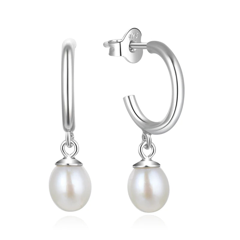925 Sterling Silver Post Round Edge Dangle Pearl Open Hoop Women Earrings