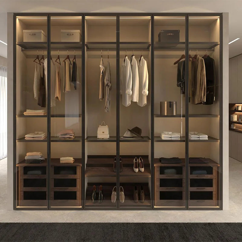 Wish Modern Extendable Walk-in Closet Wardrobe with Glass Doors LED Lights Black Bedroom Furniture Clothes Storage