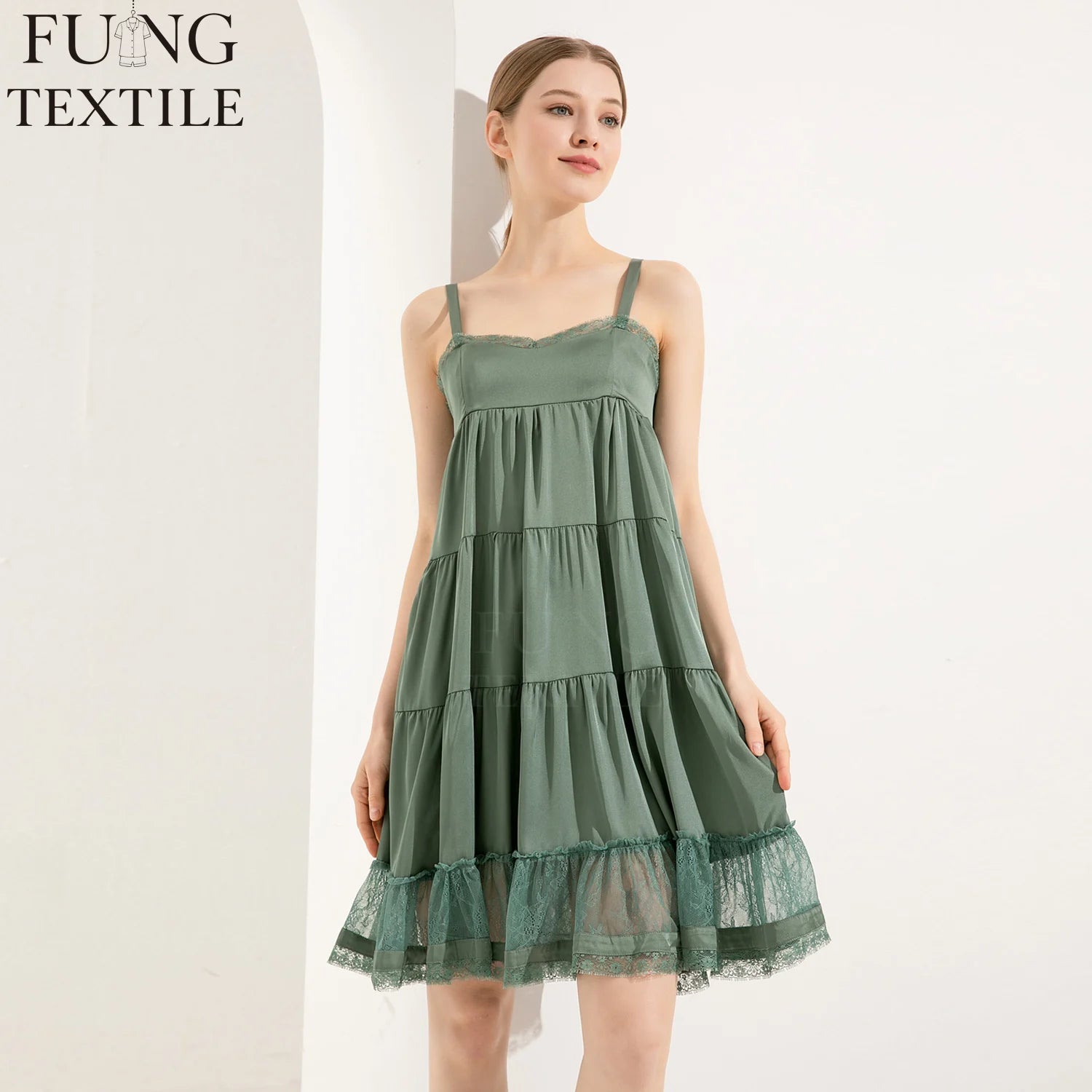 FUNG 6032 Ladies Luxury Shiny Satin Nightgown Sexy Women's Lace slip Dress Solid Color Elegant Plus Size Sleepwear