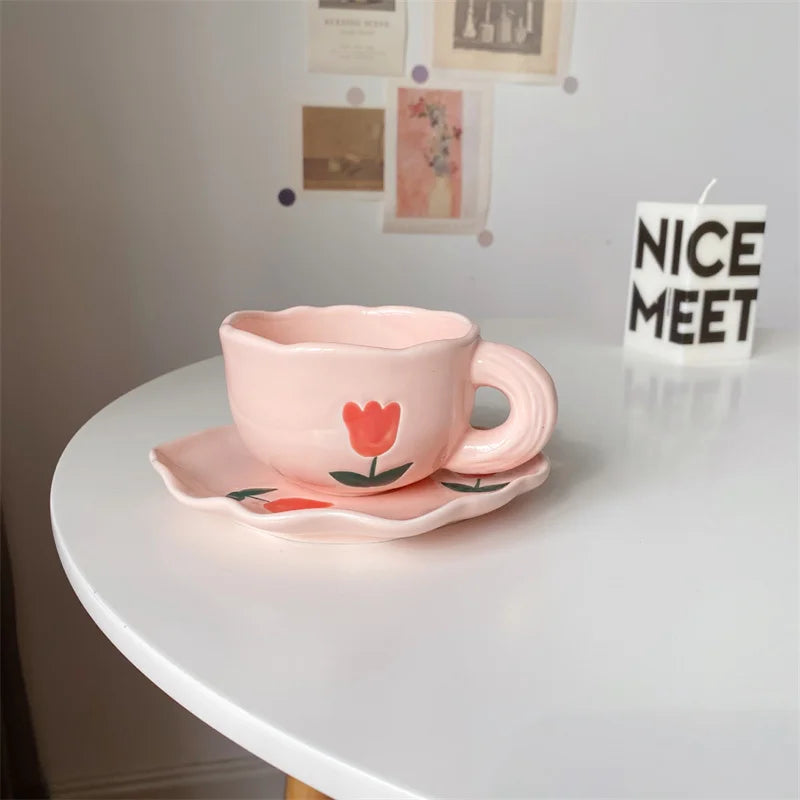 Solhui Romantic Tulip Ceramic Coffee Mug Set French Afternoon Tea Cup with Saucer