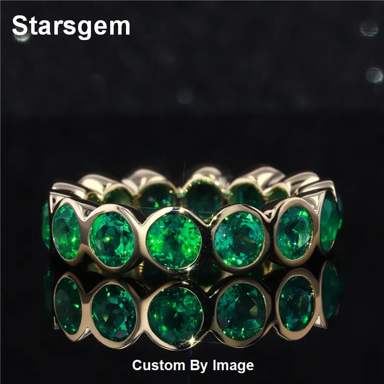 Starsgem Bezel Setting 3mm Round Shape Lab Grown Emerald 14K Gold Ring Wedding Bands