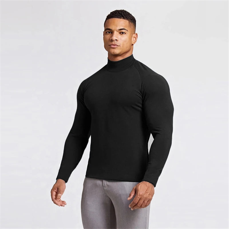 Turtleneck Compression T Shirt Mens Fitness T-shirt Autumn Skinny Gym Clothing Bodybuilding Shirt Muscle Long Sleeve Sports Tees