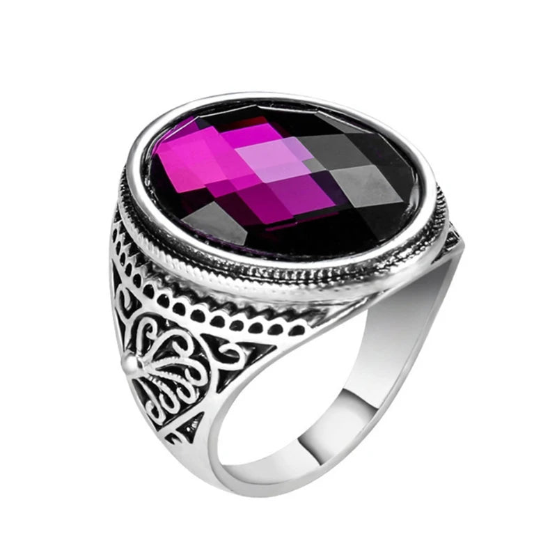 Wholesale Luxury Bohemian Multi-Faceted Amethyst Ring Stainless Steel Stained Glass Band