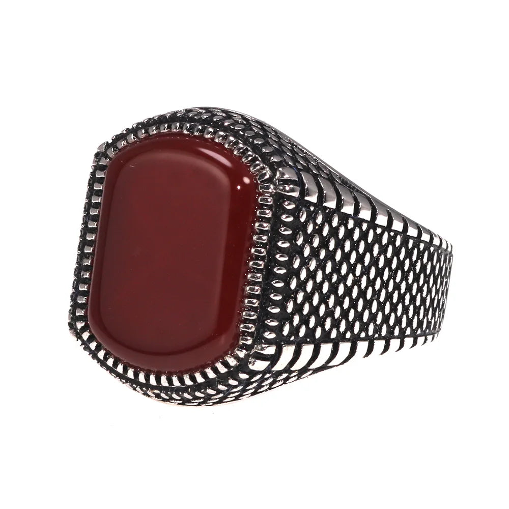 Natural Agate Red and Green Stone 925 Sterling Silver Men Turkish Rings in Stock