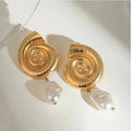 INS 18K PVD Gold Plated Stainless Steel Spiral Texture Ocean Conch Pearl Drops Stud Earring for Women