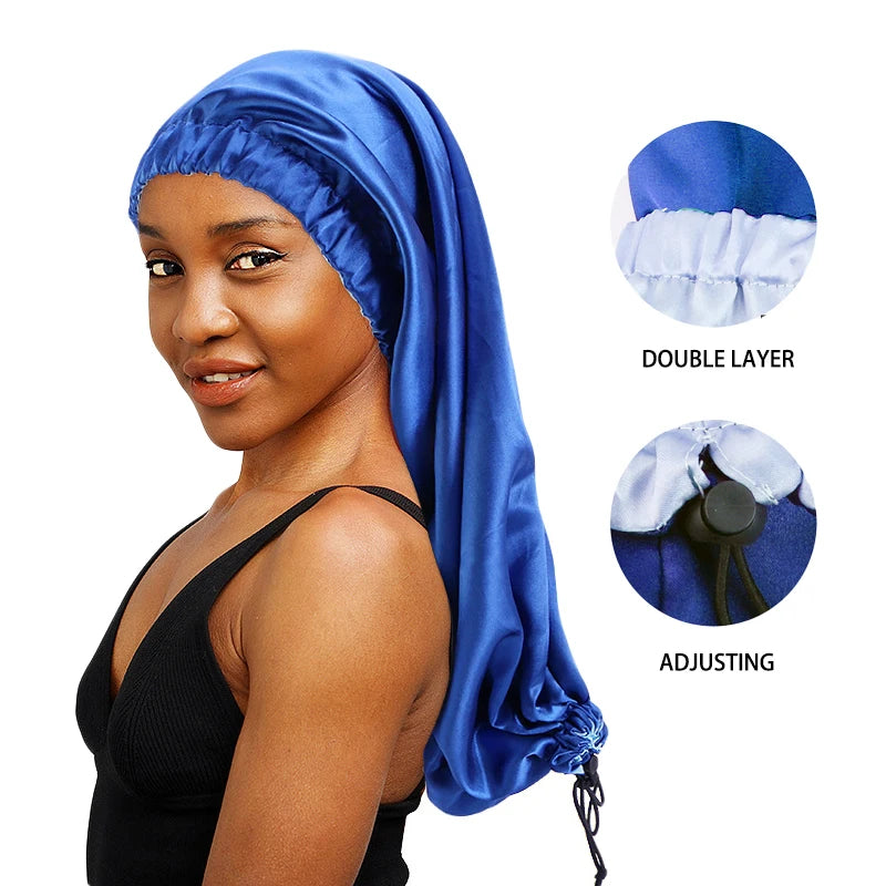 Wholesale Custom Logo Hair Accessories Adjustable Double Layer Satin Bonnet Long Hair Braids Dreadlock Long Bonnets for Women