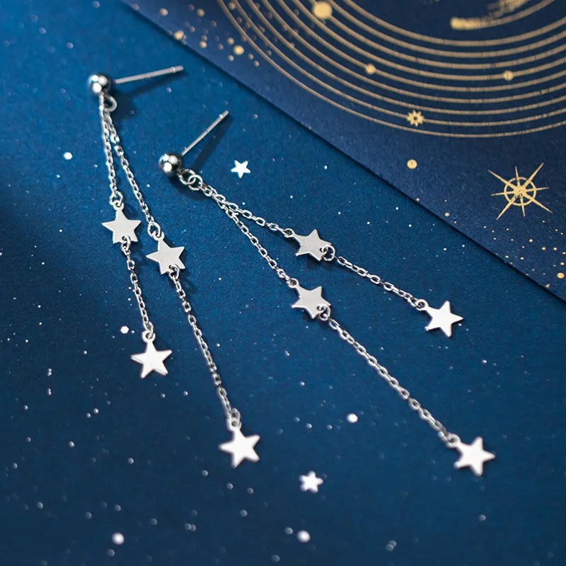 Small Star Pendant Statement Long Tassel Chain 925 Sterling Silver Dangle Drop Earrings Fashion Jewelry for Women