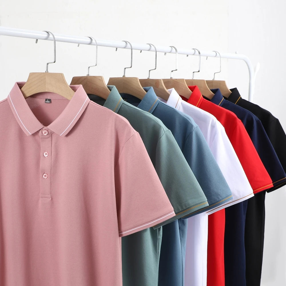 Wholesale Custom Logo Printed Pattern 100% Mercerized Cotton Golf Shirt with Short Sleeve Multi-Color Solid Design Gold Line