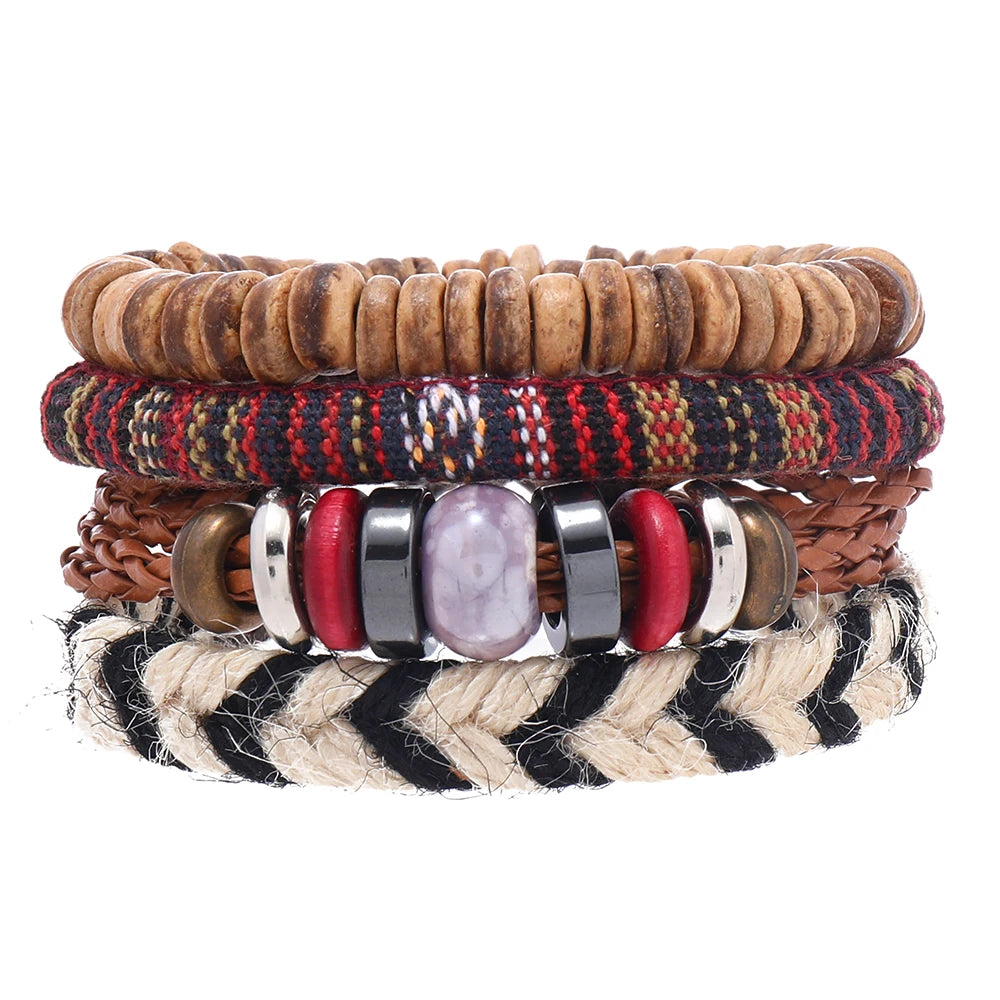 Bohemian Style Handmade PU & Hemp Rope Braided Coconut Shell Beaded Adjustable Length Engraved Logo Unisex Charm Bracelet