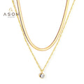 Ason Fashion Jewelry Stainless Steel Women Thick Chain Necklace Double Layer 18k Gold Plated Round Zircon Chain Pendant Necklace