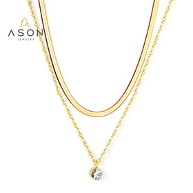 Ason Fashion Jewelry Stainless Steel Women Thick Chain Necklace Double Layer 18k Gold Plated Round Zircon Chain Pendant Necklace