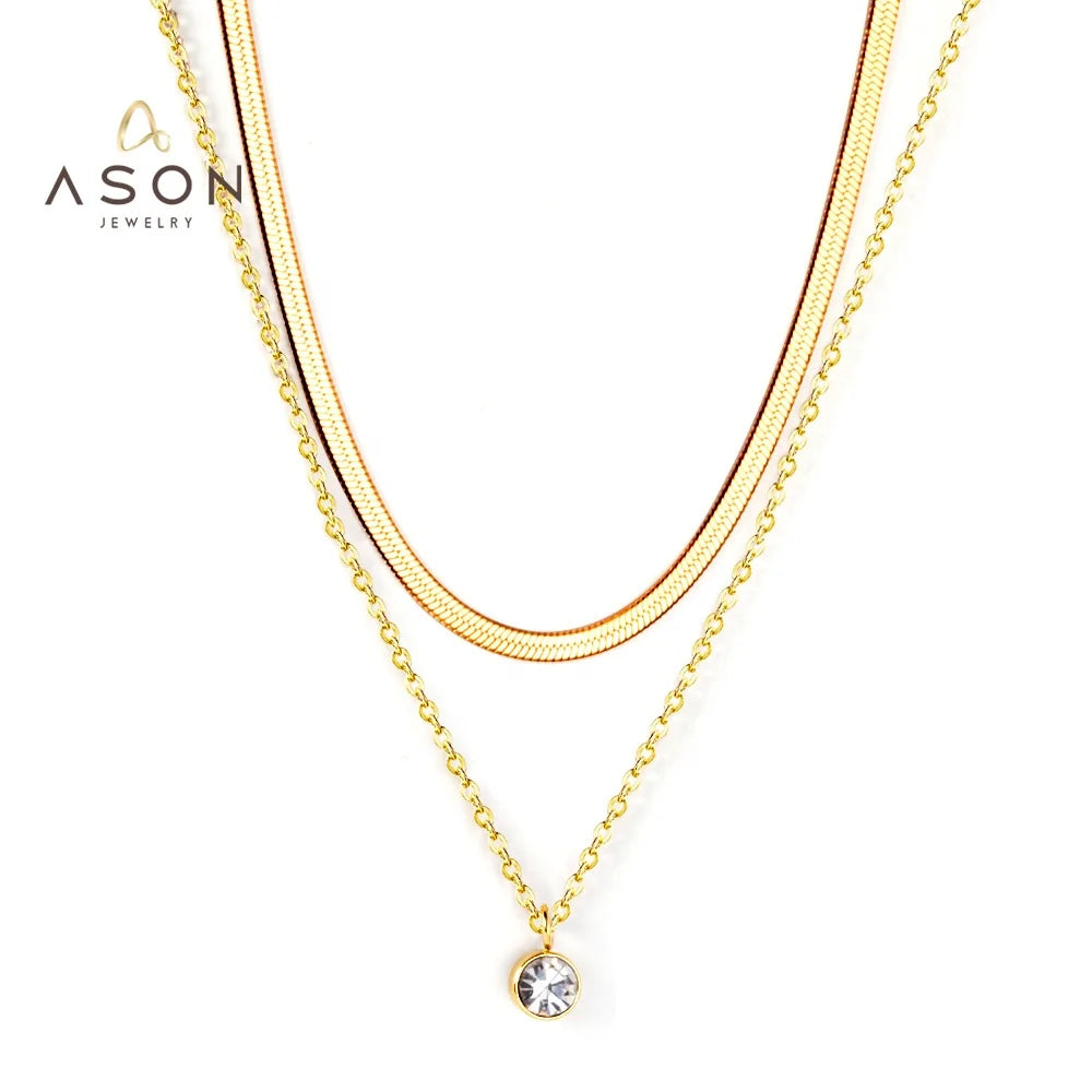 Ason Fashion Jewelry Stainless Steel Women Thick Chain Necklace Double Layer 18k Gold Plated Round Zircon Chain Pendant Necklace