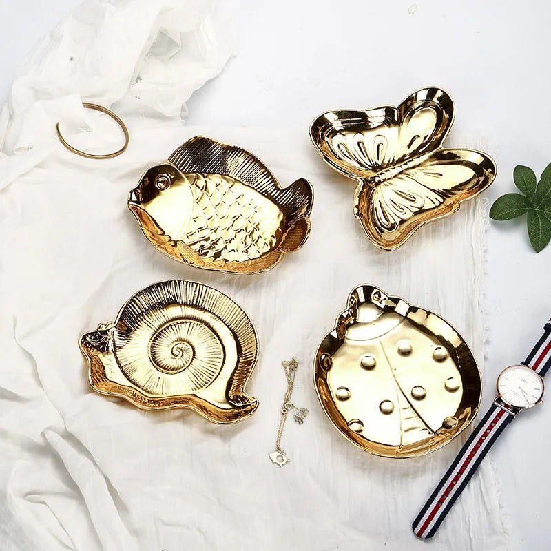 New Arrival Animal Style Durable Ceramic Handicraft Creative Electroplating Gold Ornament Jewelry Tray Pottery Enamel Gift