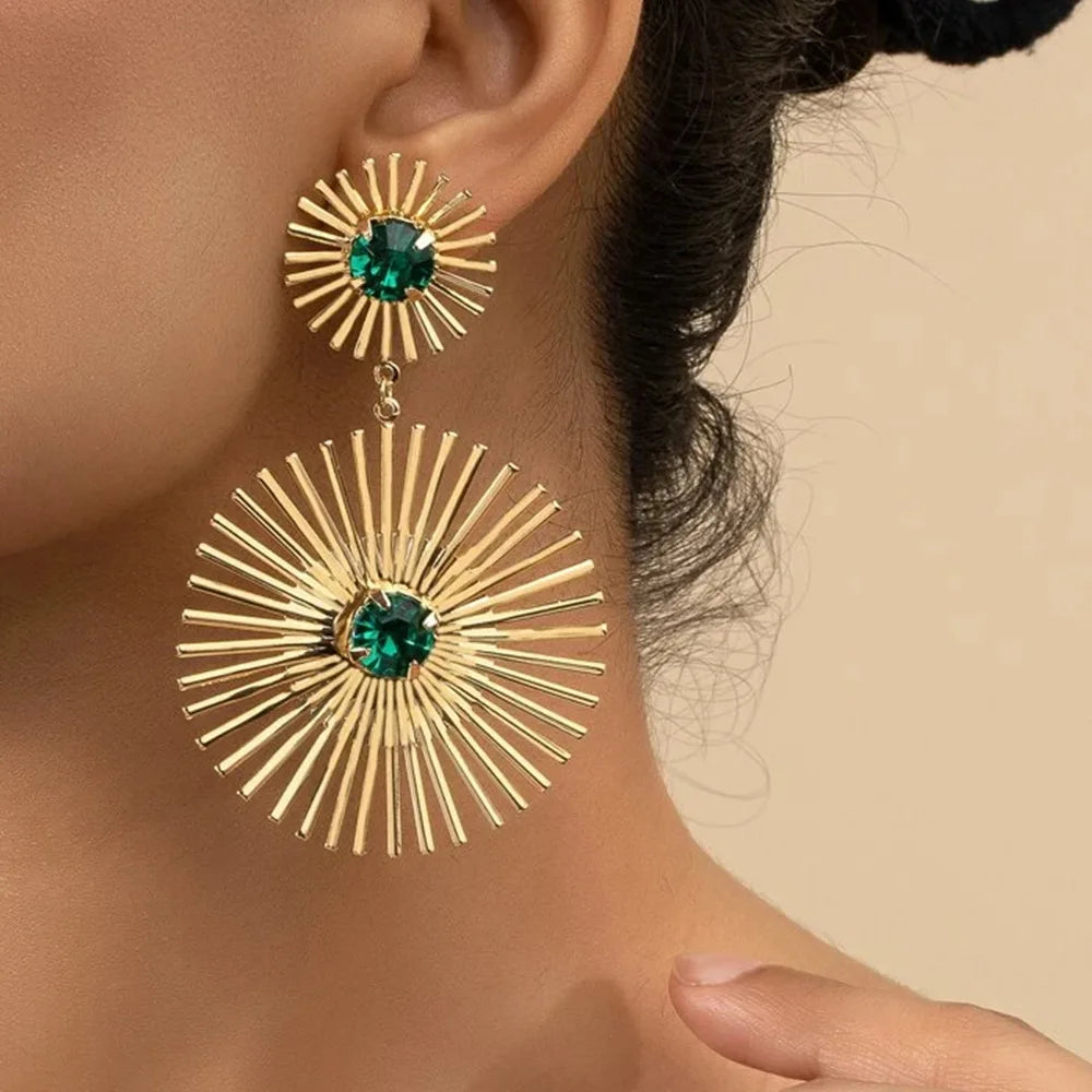 Fashion Retro Exaggerate Sunflower with Green Crystal Earrings Jewelry for Women Party