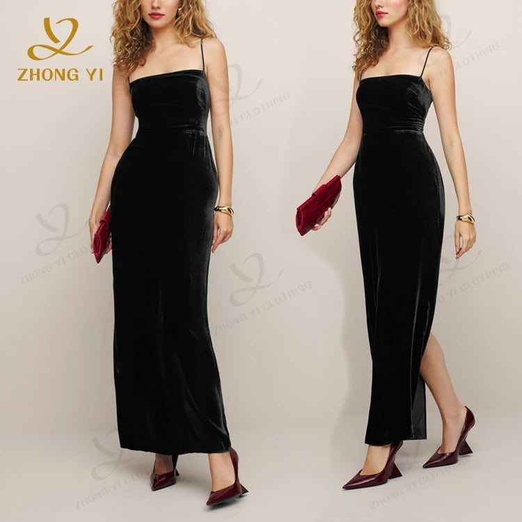 Custom Ladies Sexy Women Elegante Sleeveless Prom Satin Bodycon Draping Corset High Slit Velvet Gown Casual Evening Dress