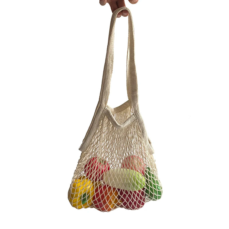 Eco-friendly 100% Cotton Mesh Bread Storage Bags Reusable Net Groceries Bags With Long Handle
