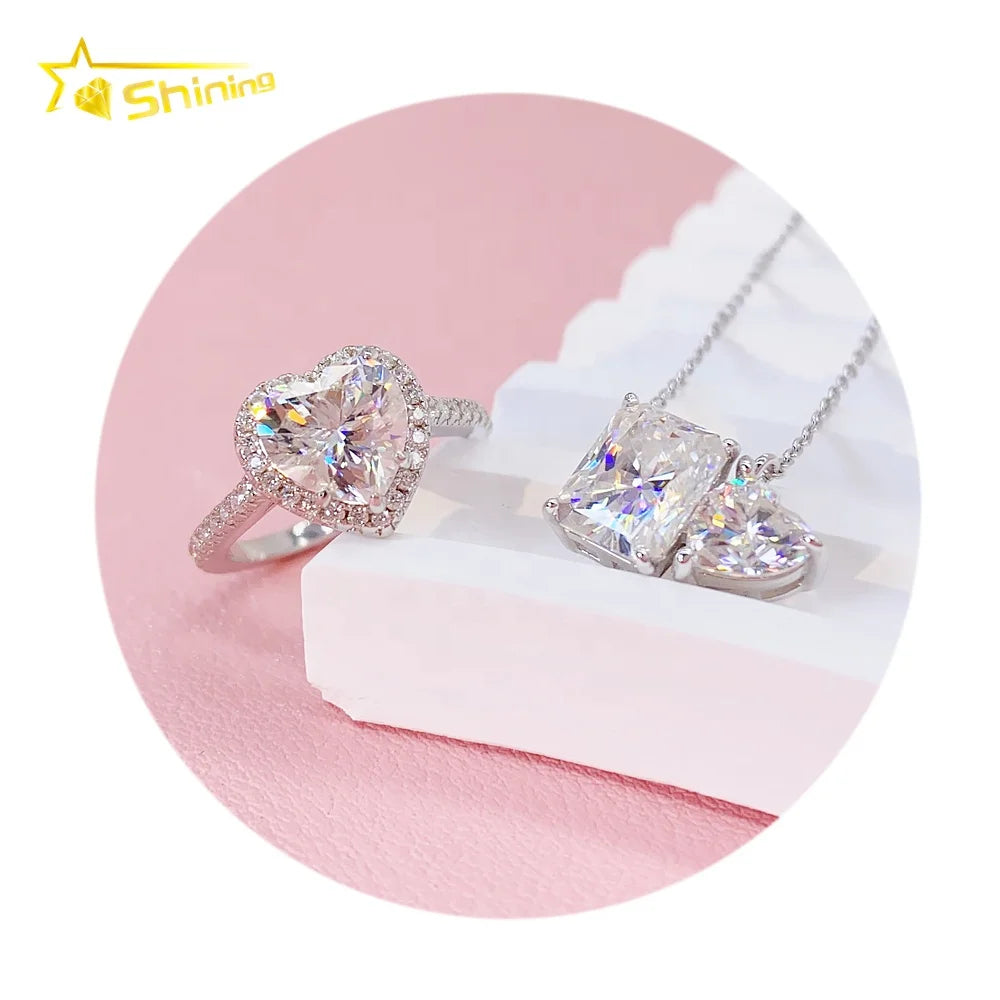 Luxury Fine Jewelry Gold Plated Pendant Necklace with Ring Heart Cut Shape Diamond Moissanite Jewelry Set for Women