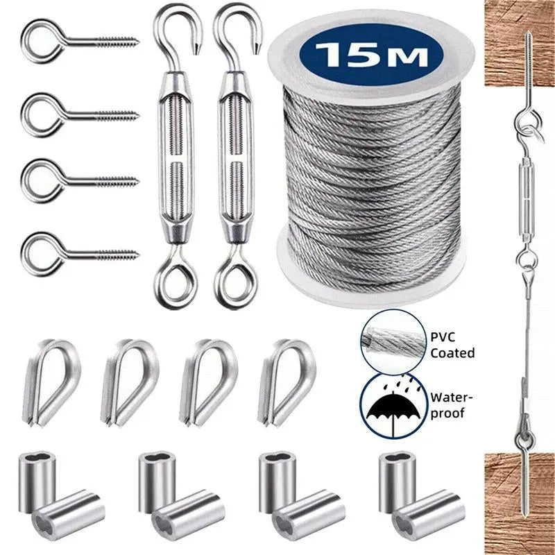 15M 2mm Wire Rope Cable Hooks Hanging Kit Flexible PVC Coated Stainless Steel Clothesline Kit