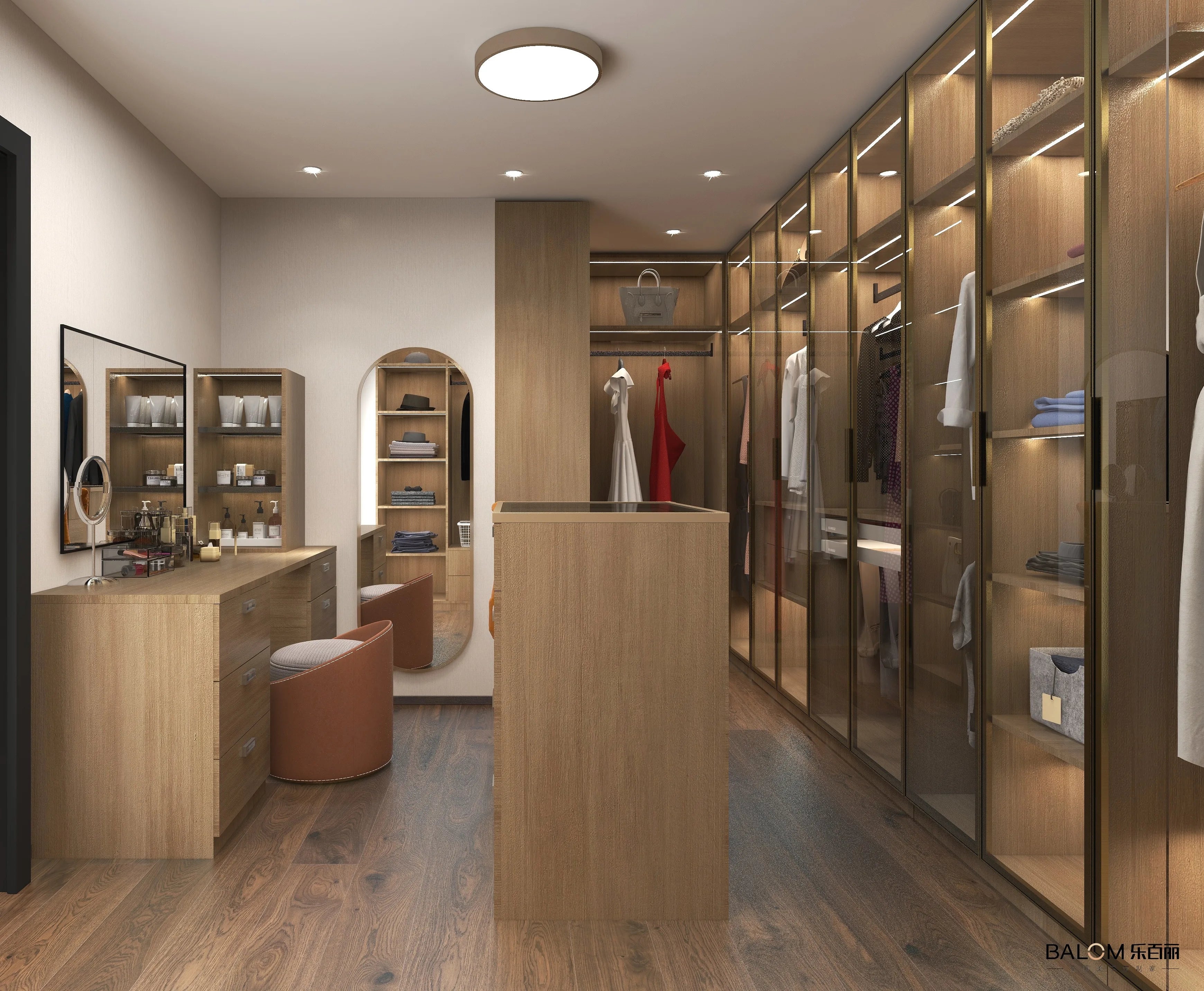 BALOM 2024 Modern Walk in Wardrobe Bedroom Closet  Wood and Glass Cabinet for Clothes