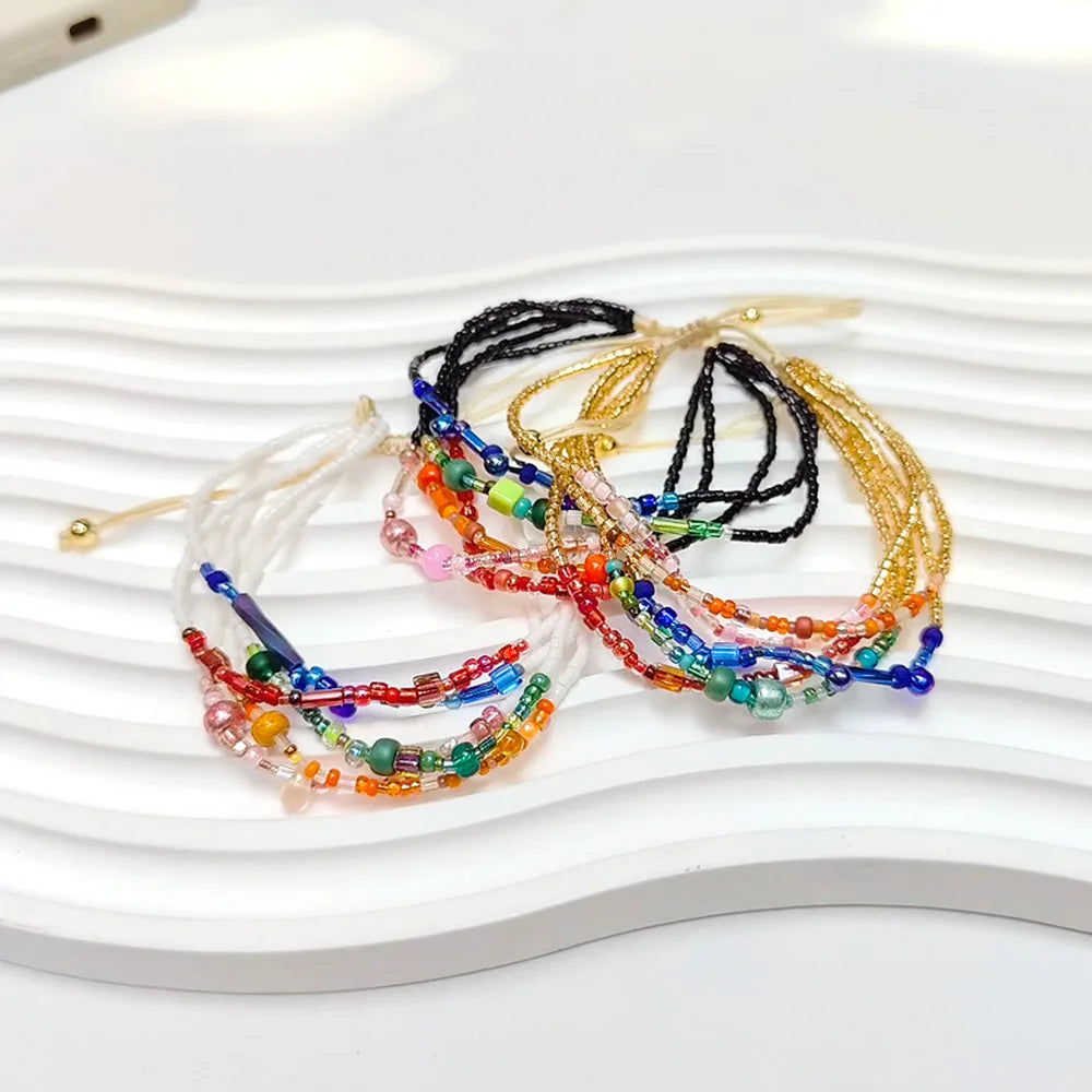 Fashion Irregular Colorful Hand-woven Beaded Bracelet Summer Vacation Style Multi-layer Seed Bead Bracelet for Women