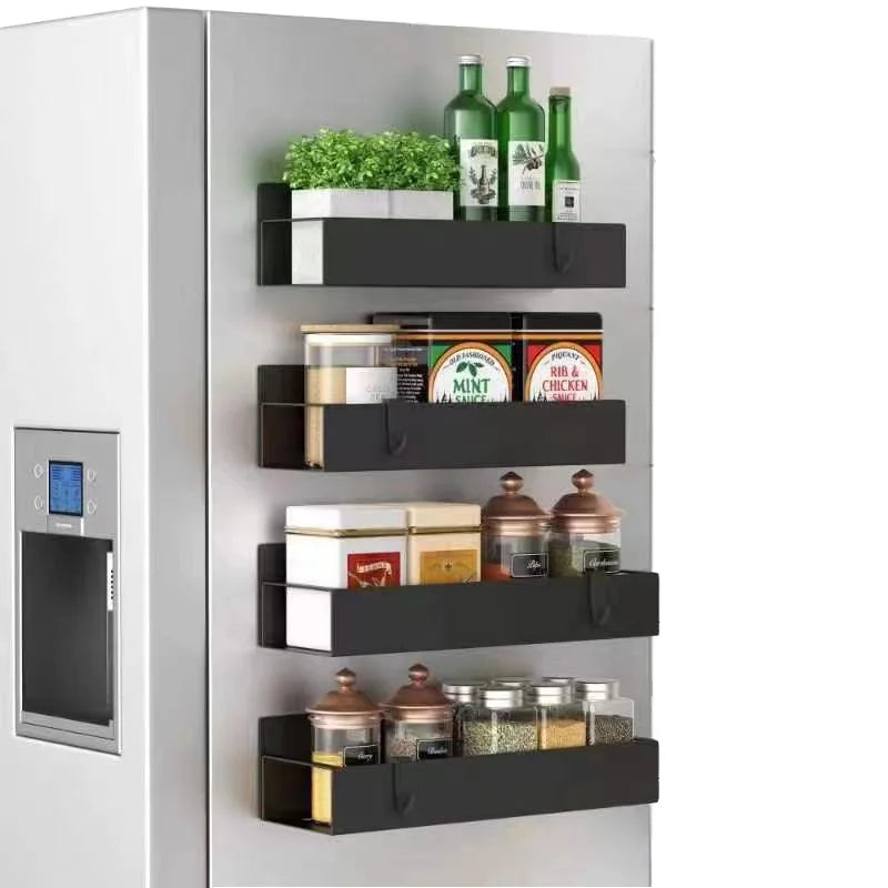 Modern Magnetic Refrigerator Storage Rack Side Hanging Kitchen Storage Rack for Seasoning Metal Punching Rack