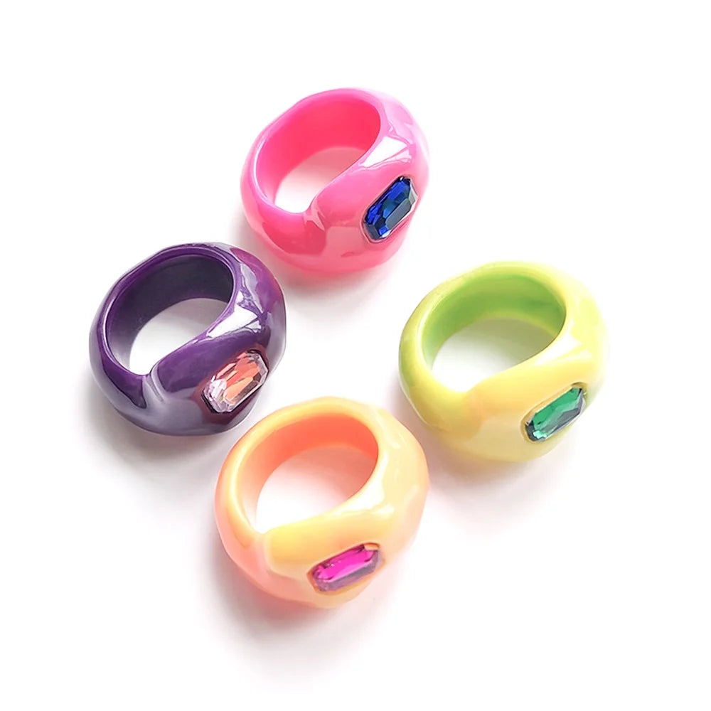 Wholesale Korean Style Chunky Design Candy Color Resin Acrylic Plastic Crystal Gem Charm Finger Rings Jewelry Ring