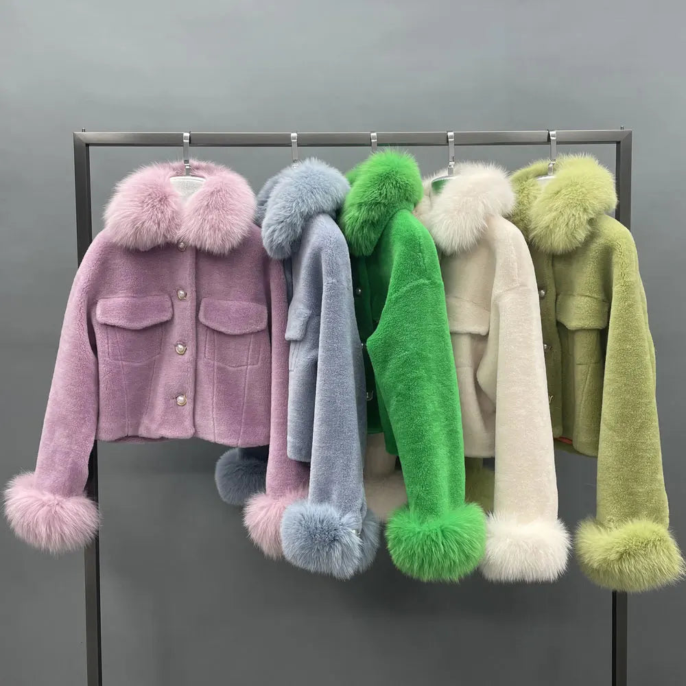 Janefur Winter Sheep Shearling Fluffy Lamb Woolen Jacket Womens Luxury Wool Coat With Real Fox Fur