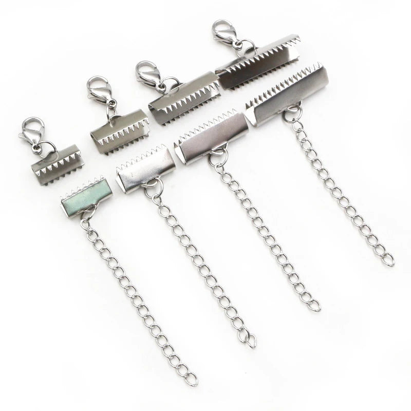 10pcs Stainless Steel Ribbon Leather Cord End Fastener Clasps With Chains Lobster Clasps Connectors for Bracelet Diy Making