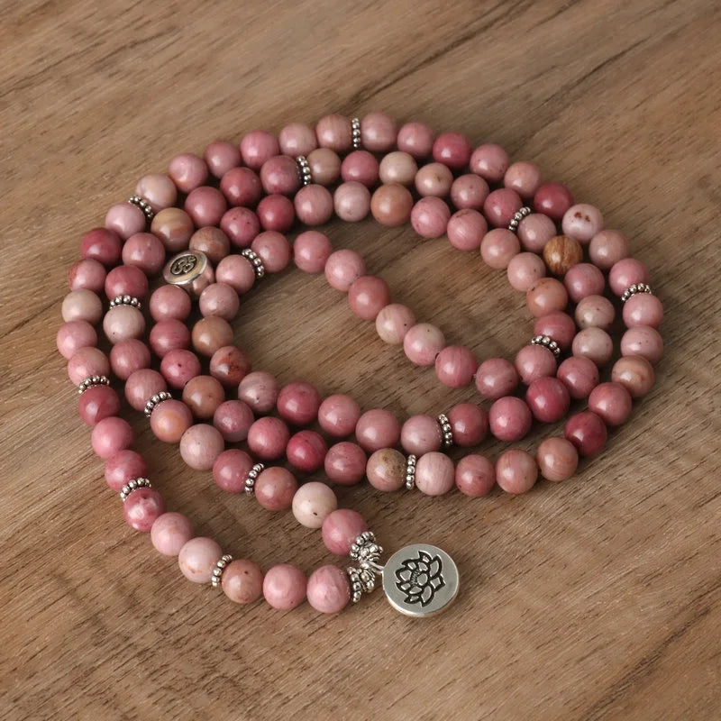 8mm Rhodonite Gemstone Necklace for Women Yoga Meditation Handmade Lotus Pendant Charm Japamala Beaded Necklace