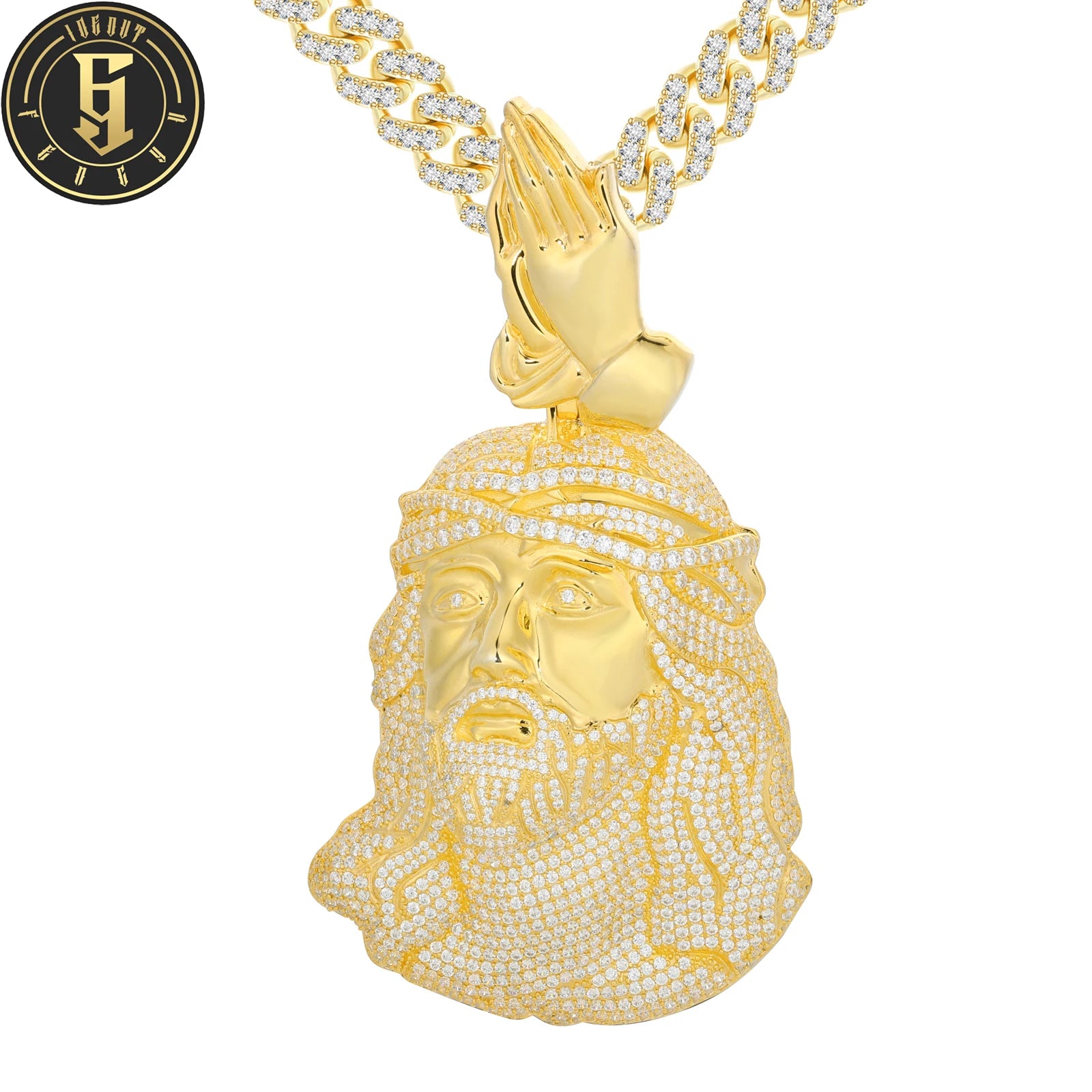 Religious Jewelry Wholesale Custom Logo Gold Plated Brass CZ Diamond Iced Out Jesus Hand Pendant With Pray Hand Bail