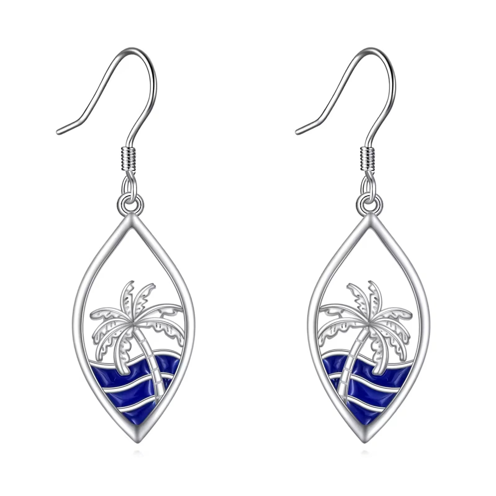 Fine Jewelry 925 Sterling Silver Enamel Wave Plated Beach Holiday Palm Tree Hook Earrings