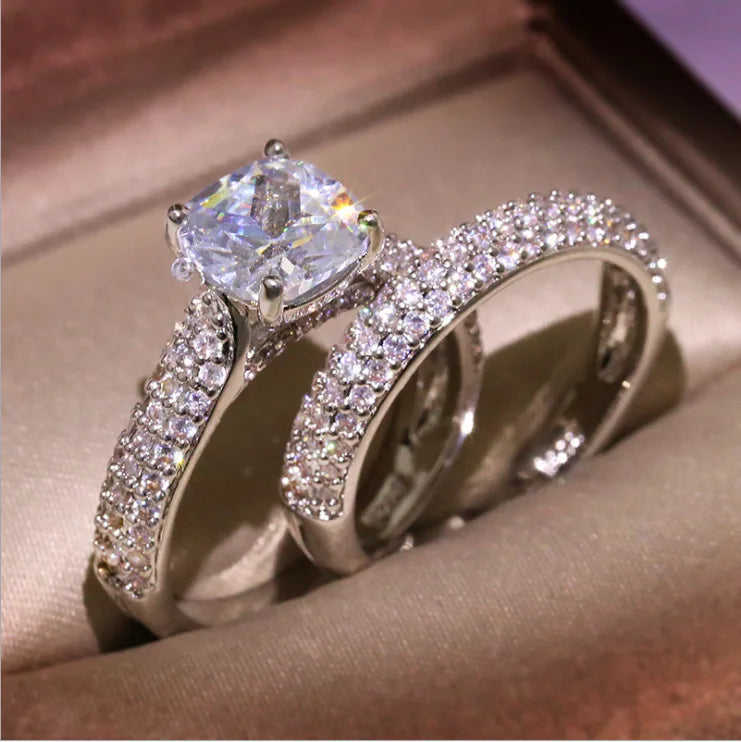 HOVANCI 2Pcs Set Shiny 5 Micro Pave Rhinestone Crystal Engagement Rings Double Zircon CZ Wedding Rings for Couple Women Men