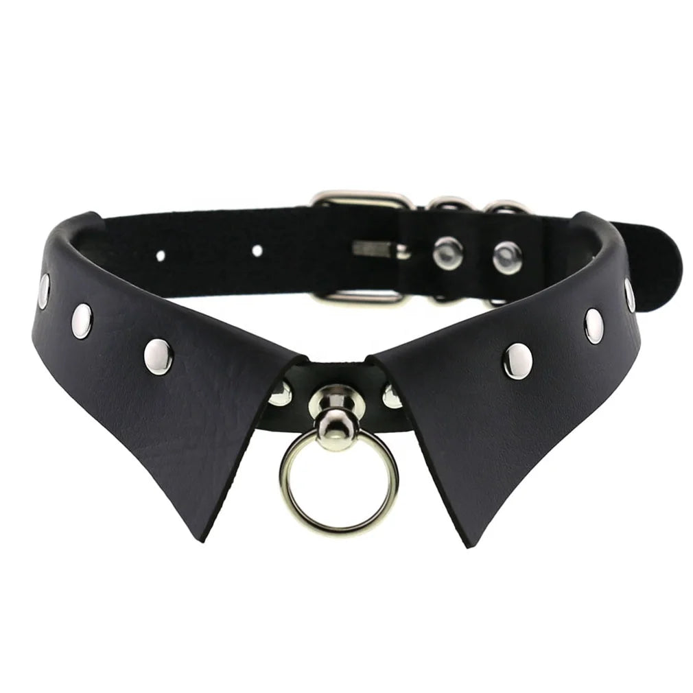 New Punk Goth Faux Lapel Shirt Collar PU Leather Pendants Round Choker Necklace