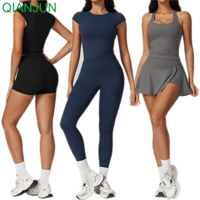 Wholesale Women Fitness Sport Wear Clothes High Waist Pants Leggings and Yoga T Shirt Shorts Tops Gym Workout Yoga Sets