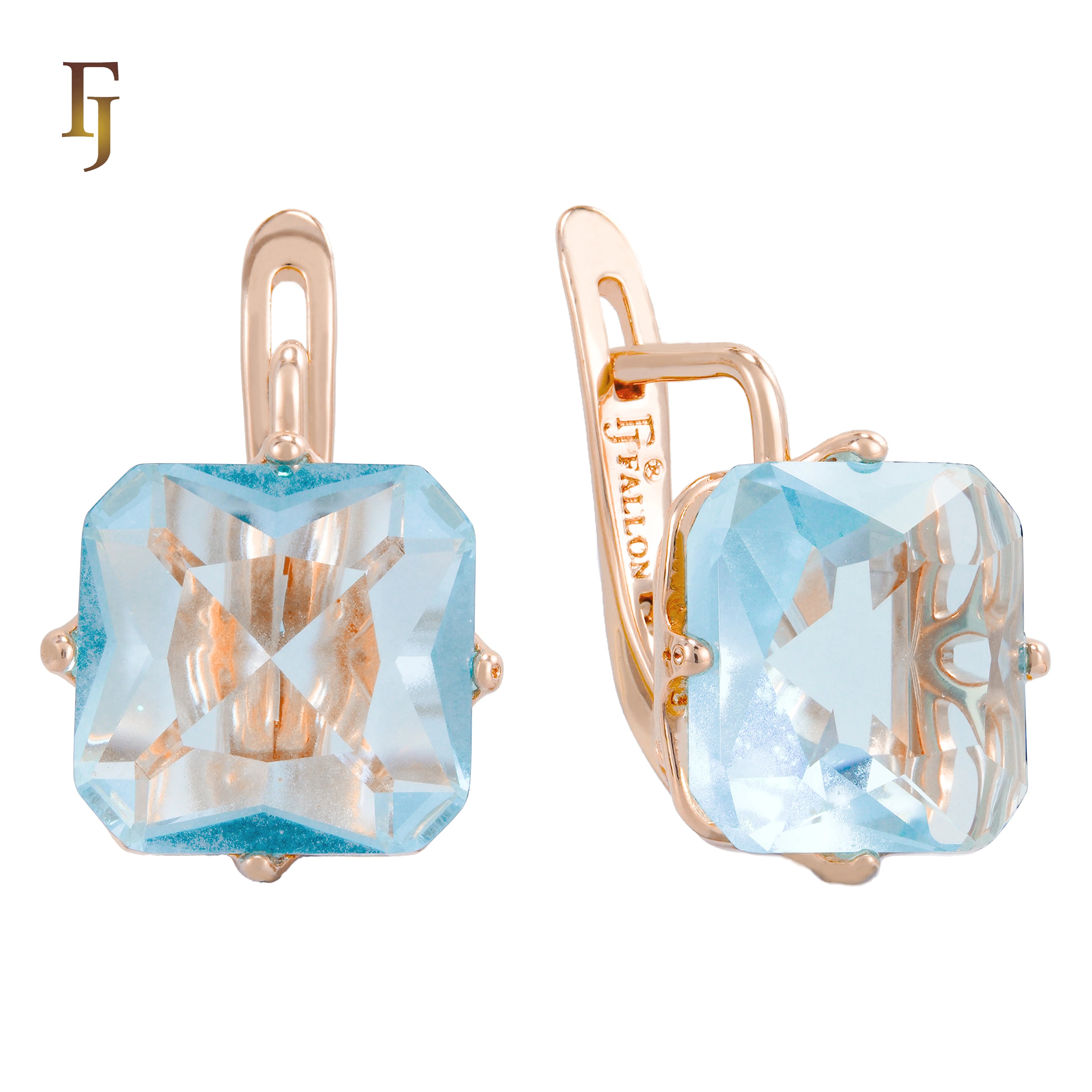 FJ Fallon Fashion Jewelry Solitaire Big Emerald Cut Colorful CZ Earrings 585 Rose Gold Plated Brass