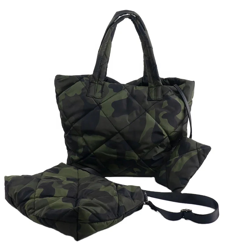 Large Capacity Down Fabric Hot Sale Puffer Bag for Woman Camouflage Light Weight Hand Bag Fashion Winter Ladies Tote  Bag
