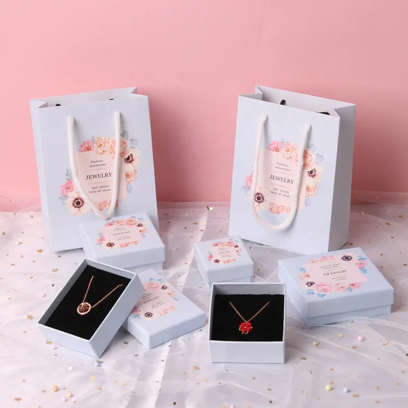 Light Blue Paper Cardboard Gift Packaging Floral Printed Jewelry Box for Necklaces Bracelets Earrings UV Coating Embossing