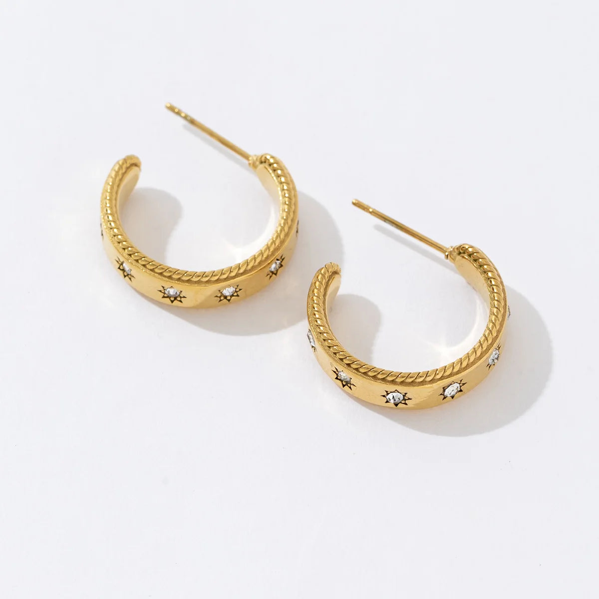 Stainless Steel Tarnish Resistant Clear Stone Cubic Zirconia Star Gold Plated Jewelry Diamond Hoop Earrings for Women