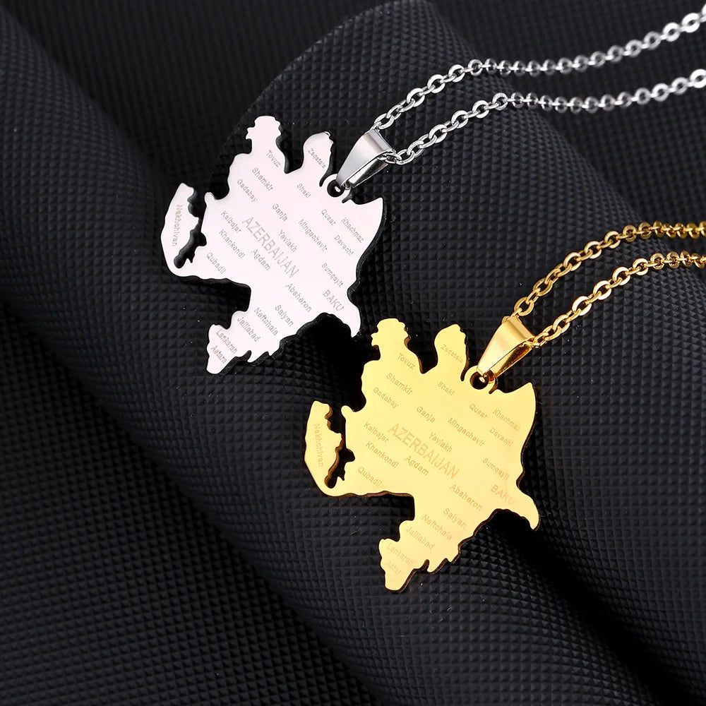 Stainless Steel Enamel Azerbaijan Map Chain Necklaces 18K Gold Plated Azerbaijanis Country City National Flag Pendant Necklace