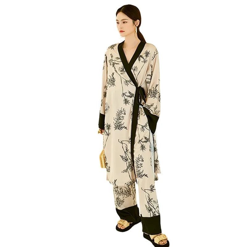 Kimono Pajama Set Women's Oversize Floral Print Silk Ladys Sleepwear Satin Luxury 2 Pieces Set Pijama Suit Pyjama for Female