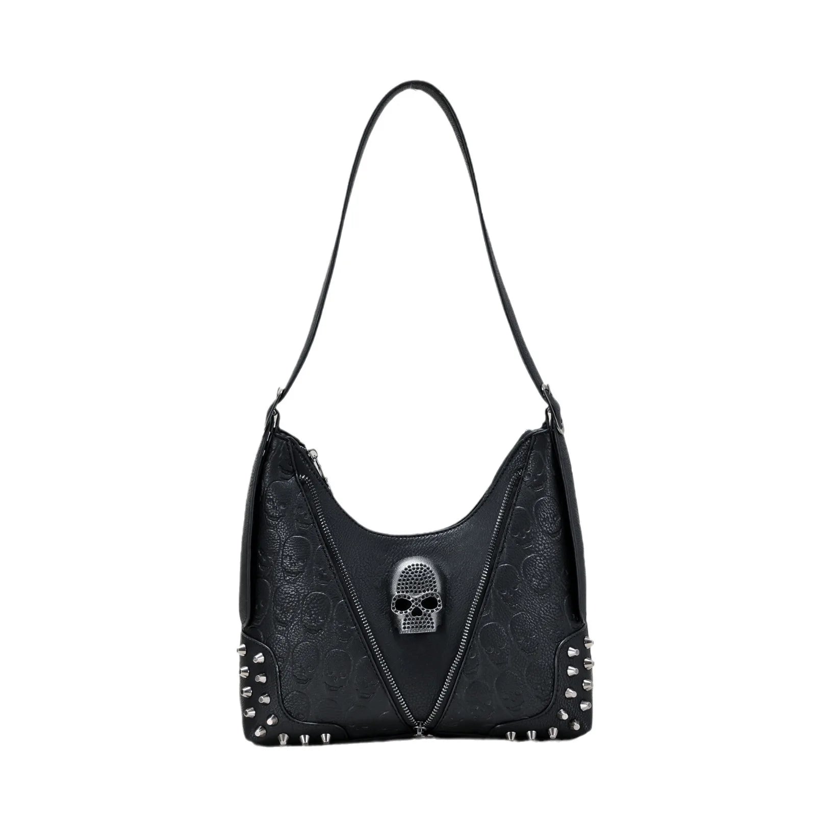 Women Punk Rivet Handbags Purse Shoulder Bags Skull Print Leather Hobo Bag Black Gothic Bag Ladies Satchel with Handkerchief