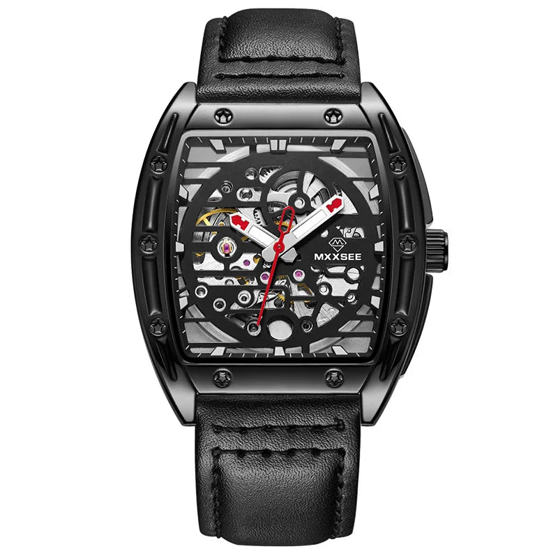 Stylish Gift Water Resistant  42mm See Through Skeleton Dial Genuine Leather Strap Mechanical Men's Automatic Watch