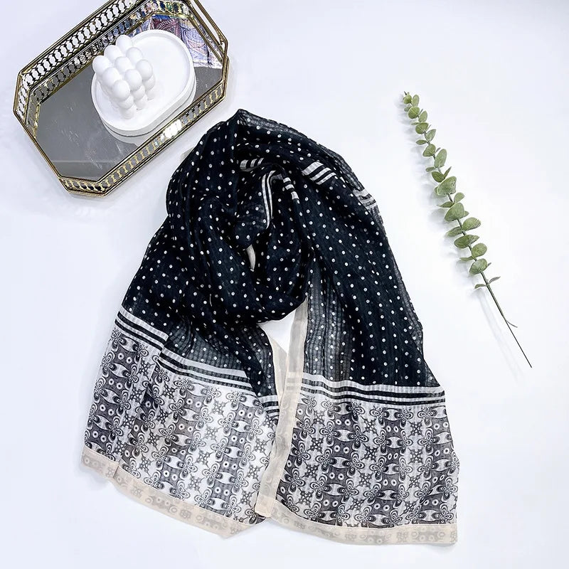 Hot Selling New Cotton and Linen Shawl With Polka Dot Printing Handmade Edging Medium Length Long Scarf Wholesale