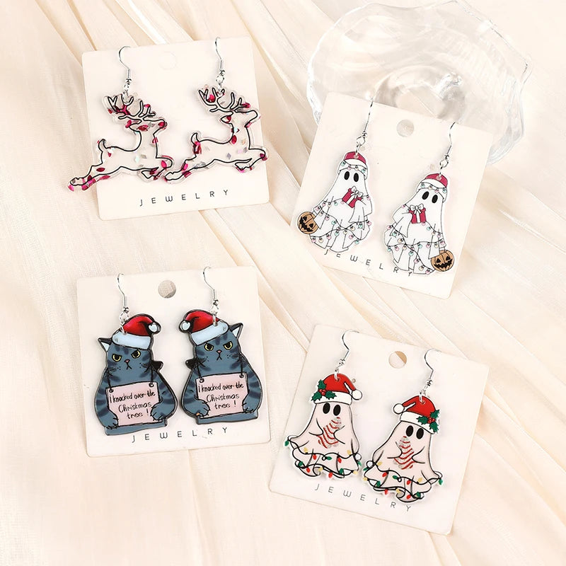 1Pair Christmas Animal Woman Dangle Earrings Cats Cake Ghost Drop Earrings for Girl Birthday Gift