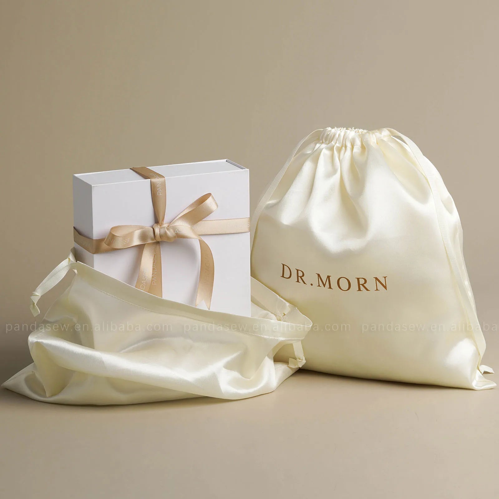 PandaSew Custom Logo Beige Satin Drawstring Bag Gift Packaging Bags Perfume Clothing Shoes Dust Bag Jewelry Pouch
