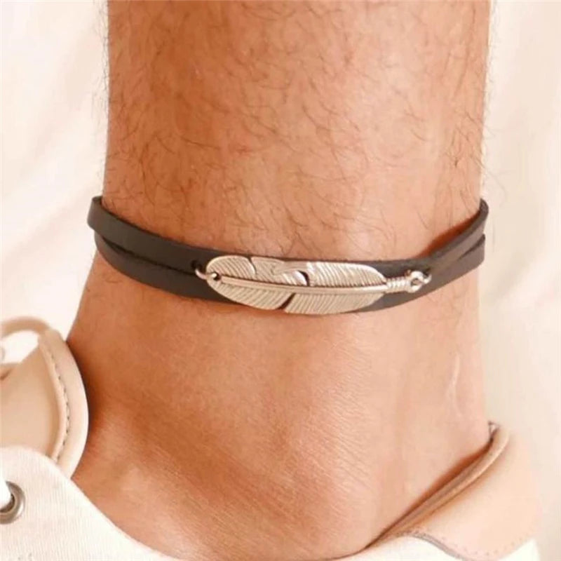 Fashion Punk Jewelry Leaf Charm Leather Men's Anklet