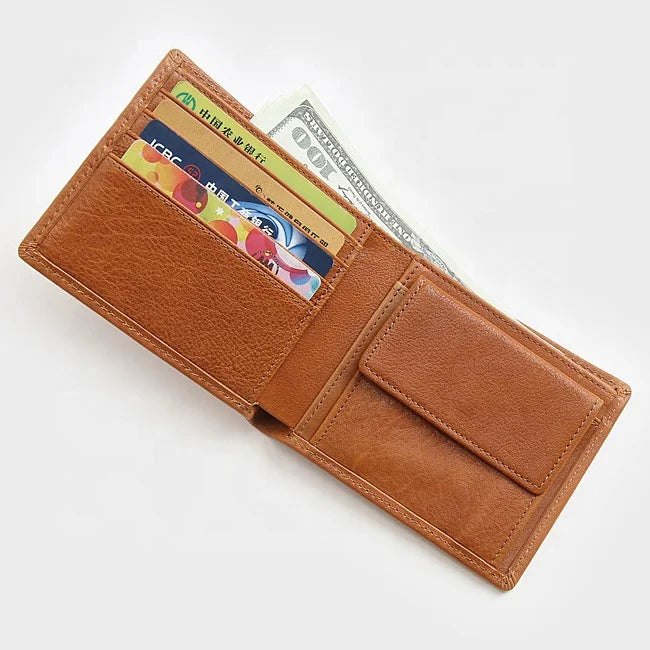 Traditional Mens Bifold Wallet with Button Coin Pocket Made of Real Cow Leather