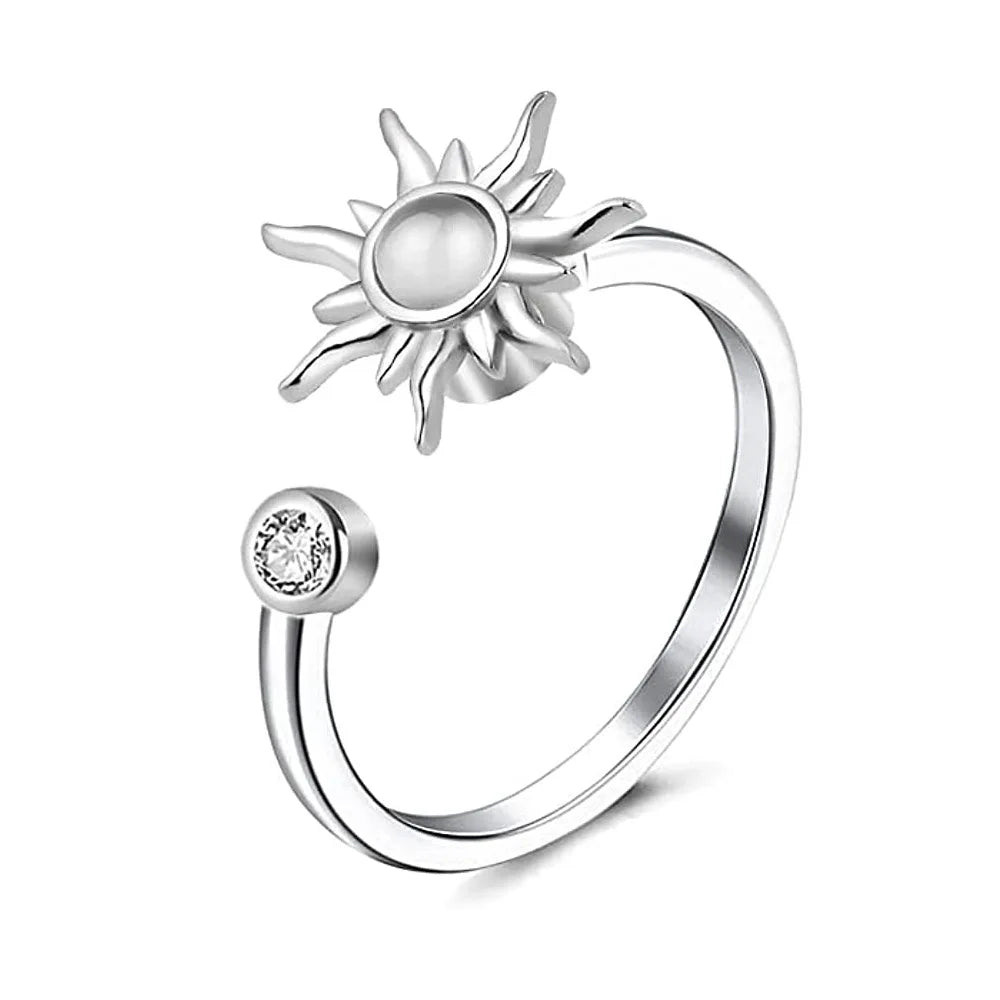 Adjustable CZ Rings 925 Sterling Silver Rhodium Plated Oval Cut Romantic Sun Flower Prong Setting Women Wedding Anniversary