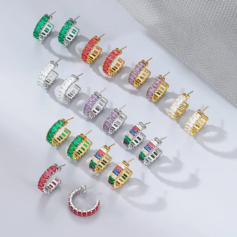 C Shape Multi Colors Rainbow Crystal Hypoallergenic Stainless Steel Hoop Earrings CZ Paved Square Zircon Earrings