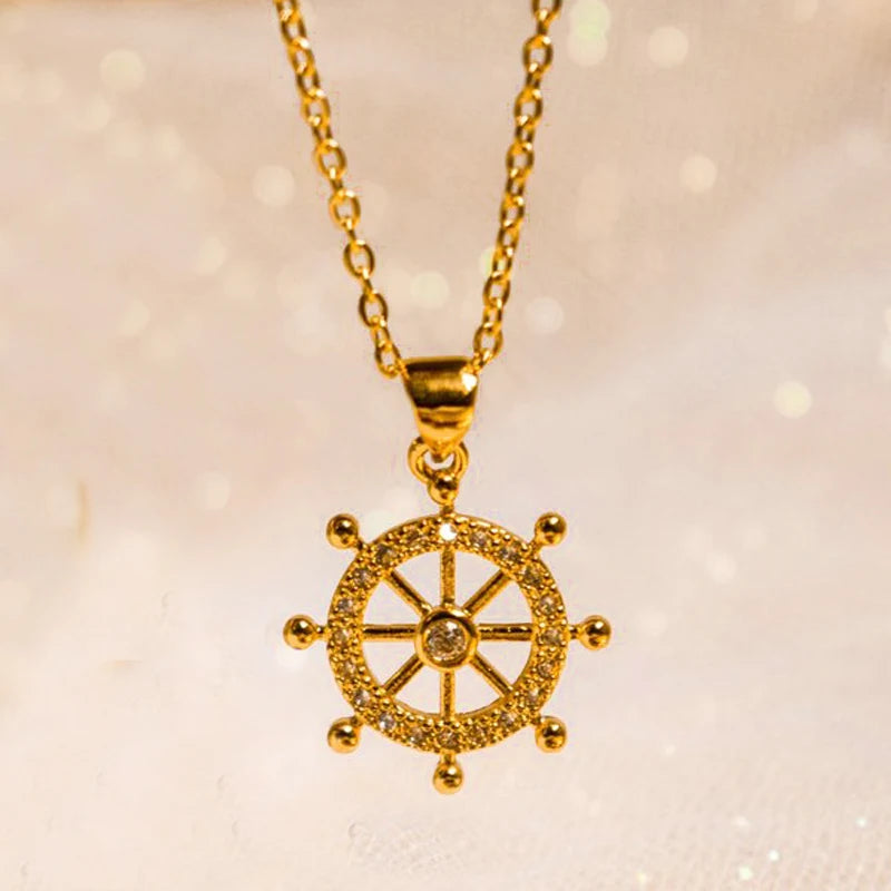 Stainless Steel Rudder Necklace 18k Gold Ship's Wheel Necklace Rhinestones Navy Sailor Ship Wheel Pendant Necklace